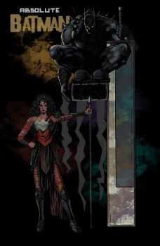 1boy 1girl absolute_batman absolute_dc absolute_wonder_woman axe back_spikes bat_mask batman batman_symbol commentary cowl dc_comics english_commentary gilded_mascaraline highres huge_weapon mascaraline red_tattoo superhero_costume sword tattoo tattoo_sleeve weapon wonder_woman