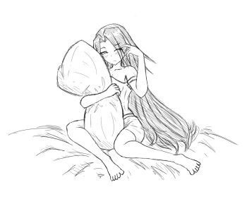 Rule 34 | 1girl, alternate hairstyle, armpits, artist request, barefoot, bed, blush, boyshort panties, breasts, camisole, capcom, clenched hands, collarbone, feet, female focus, full body, hair down, hands up, zaki (justice gakuen), hugging object, indoors, justice gakuen, legs, long hair, looking at viewer, mask, medium breasts, midriff, moero! justice gakuen, monochrome, neck, one eye closed, parted bangs, pillow, pillow hug, purple eyes, red hair, sidelocks, sleepy, thighs, toes, traditional media, underwear, underwear only, unworn mask, very long hair