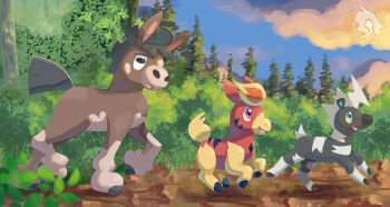 animal_focus aqua_eyes artist_name blitzle blue_sky cloud colored_sclera commentary day english_commentary enosai fakemon from_side full_body gen_5_pokemon gen_7_pokemon highres horse lower_teeth_only mudbray nintendo no_humans nostrils open_mouth original outdoors pink_eyes pokemon pokemon_(creature) pokemon_focus sky smile teeth tree yellow_sclera