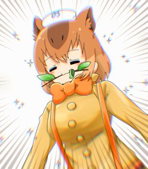 1girl :3 animal_ears aw_r0s bow bowtie brown_hair capybara_(kemono_friends) capybara_ears capybara_girl closed_eyes emphasis_lines extra_ears japari_symbol kemono_friends light_brown_hair long_sleeves multicolored_hair orange_bow orange_bowtie short_hair solo suspenders sweater towel towel_on_head two-tone_hair yellow_sweater