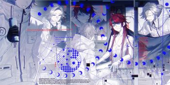 2boys absurdres ahoge aizendai alternate_hairstyle aotsuki_eito black_gloves black_streaks blanket blue_eyes breast_pocket chinese_commentary clipboard commentary_request completely_nude drawstring english_text glasses gloves grey_hair grey_jacket hand_grab highres holding holding_blanket holding_clipboard holding_pen hood hooded_jacket hoodie horizontal_pupils jacket jacket_over_hoodie long_hair male_focus monitor moon_phases multicolored_hair multiple_boys multiple_views nervous_sweating nude pen pocket purple_eyes red_hair red_pupils ringed_eyes short_hair smile streaked_hair sumino_takumi sweat the_hundred_line_-last_defense_academy- two-tone_hair white_hoodie white_jacket yaoi