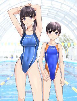 Rule 34 | 2girls, absurdres, armpits, arms behind head, black hair, blue one-piece swimsuit, cameltoe, clothes writing, commentary request, competition swimsuit, covered navel, feet out of frame, glass ceiling, grey eyes, highleg, highleg one-piece swimsuit, highres, indoors, lane line, long hair, low twintails, multiple girls, one-piece swimsuit, original, pool, short hair, siblings, sisters, string of flags, swimsuit, takafumi, twintails, two-tone swimsuit, variant set