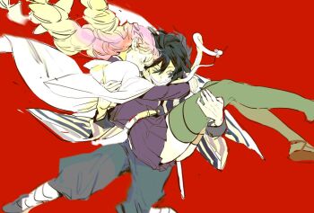 1boy 1girl @_@ arms_around_neck bandaged_leg bandages bandages_over_mouth belt black_hair black_jacket black_pants black_skirt blonde_hair blue_eyes blush braid carrying chaerenlover closed_eyes couple demon_slayer_uniform feet_out_of_frame green_thighhighs hair_between_eyes haori hetero heterochromia iguro_obanai jacket japanese_clothes kaburamaru kanroji_mitsuri kimetsu_no_yaiba mole mole_under_eye multicolored_hair multiple_braids pants pink_hair pleated_skirt princess_carry red_background skindentation skirt snake striped_haori sweatdrop thighhighs thighs two-tone_hair white_belt white_haori yellow_eyes zettai_ryouiki