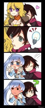 3girls 4koma ? bad_id blonde_hair blue_eyes blush breast_conscious cape comic dress flat_chest full-face_blush grabbing_another&#039;s_breast groping heart highres hug hug_from_behind light_bulb long_hair makari multiple_girls ponytail purple_eyes ruby_rose rwby scar scar_across_eye scar_on_face shiny_skin short_hair siblings silent_comic simple_background sisters weiss_schnee white_hair yang_xiao_long yuri