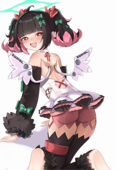 Rule 34 | 1girl, absurdres, aqua halo, ass, bare shoulders, black hair, black thighhighs, commentary, detached sleeves, dress, from behind, halo, harveythenerdy, highres, looking at viewer, multicolored hair, nangong yu, open mouth, pink hair, pink shorts, red eyes, short hair, shorts, simple background, smile, solo, thighhighs, thighs, twintails, two-tone hair, white background, white dress, white wings, wings, zenless zone zero