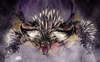 Rule 34 | absurdres, arm spikes, back spikes, calligraphy brush (medium), claws, commentary request, deadpool yuchan, dragon, highres, large horns, looking at viewer, monster, monster focus, monster hunter: world, monster hunter (series), nergigante, no humans, scales, sharp teeth, signature, slit pupils, solo, spikes, teeth, wings, yellow eyes