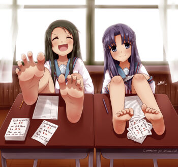 2girls asakura_ryoko barefoot blue_eyes blue_hair closed_eyes engrish fang feet feet_on_table feet_up foot_focus foot_worship green_hair idfer knife laughing licking licking_foot long_hair multiple_girls open_mouth ranguage school_uniform smile soles spread_toes suzumiya_haruhi_no_yuuutsu teasing tickling tickling_feet toe_scrunch toes tsuruya