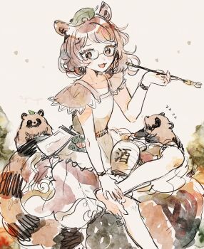 Rule 34 | 1girl, animal ears, barefoot, bracelet, brown eyes, brown hair, commentary request, crossed legs, futatsuiwa mamizou, glasses, gourd, hat, highres, holding, holding smoking pipe, jewelry, kiseru, leaf, leaf on head, looking at viewer, mozukuzu (manukedori), notepad, open mouth, pince-nez, raccoon ears, raccoon girl, raccoon tail, shirt, short hair, short sleeves, sitting, skirt, smile, smoking pipe, soles, tail, tanuki, ten desires, tokkuri, touhou