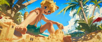 1boy animal_ears bandaid bandaid_on_knee bandaid_on_leg beach blonde_hair blue_eyes cloud cloudy_sky currywang feet hand_on_knee hand_on_own_knee male_focus male_swimwear open_mouth original palm_tree sand_castle sand_sculpture signature sky smile solo swim_trunks tail tree