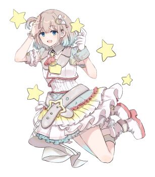 1girl bad_id bad_twitter_id belt belt_buckle blue_eyes blue_hair boots bracelet buckle cropped_jacket detached_sleeves frilled_skirt frills full_body gloves gradient_hair grey_hair hair_ornament hands_up highres idol_clothes idolmaster idolmaster_shiny_colors jacket jewelry jumping lace-up_boots layered_skirt migolu multicolored_hair necktie official_alternate_costume one_side_up open_mouth platform_boots serizawa_asahi shirt short_hair simple_background single_detached_sleeve single_glove single_wrist_cuff skirt sleeveless sleeveless_jacket smile solo star-shaped_buckle star_(symbol) teeth upper_teeth_only white_background white_boots white_gloves white_jacket white_shirt wrist_cuffs yellow_necktie