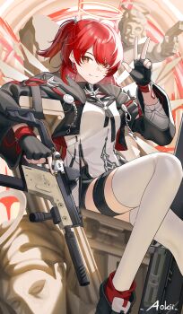 1girl absurdres aokii arknights artist_name assault_rifle black_gloves black_jacket charm_(object) closed_mouth commentary earrings emperor_(arknights) english_commentary exusiai_(arknights) exusiai_the_new_covenant_(arknights) feet_out_of_frame fingerless_gloves gloves gun halo hand_up highres holding holding_gun holding_weapon hood hood_down hooded_jacket jacket jewelry long_sleeves looking_at_viewer medium_hair open_clothes open_jacket red_hair rifle shirt sitting solo split_mouth statue thigh_strap thighhighs traditional_halo trigger_discipline w weapon white_halo white_shirt white_thighhighs yellow_eyes