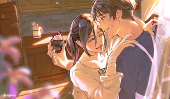 1boy 1girl abglmdg apron bandaged_wrist bandages black_hair blue_shirt blurry blurry_foreground brown_hair closed_eyes couple cupcake curtains eren_yeager facial_scar food food_on_face hetero holding holding_food hug indoors kitchen long_hair looking_at_another mikasa_ackerman open_mouth parted_lips pink_apron ponytail scar scar_on_cheek scar_on_face shingeki_no_kyojin shirt short_hair smile twintails twitter_username upper_body white_shirt