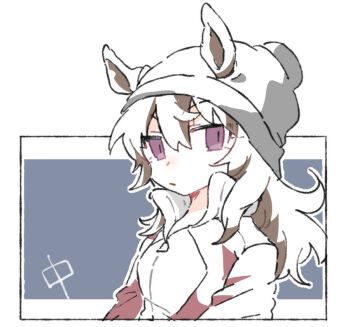 1girl animal_ears beanie beer_hsk brown_hair closed_mouth commentary_request ears_through_headwear grey_background grey_hat hair_between_eyes hat horse_ears jacket long_hair looking_at_viewer nakayama_festa_(umamusume) purple_eyes red_jacket solo track_jacket two-tone_background umamusume upper_body white_background
