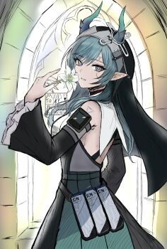 1girl absurdres aqua_hair arched_window arknights arknights:_endfield blue_eyes bright_pupils commentary detached_sleeves diamond-shaped_pupils diamond_(shape) facial_mark flat_color flower hand_up highres holding holding_flower horn_ornament horns indoors long_hair looking_at_viewer looking_to_the_side moonstosky multicolored_eyes nun_headdress parted_lips pointy_ears purple_eyes sketch solo standing symbol-shaped_pupils two-tone_eyes upper_body white_flower white_pupils wide_sleeves window xaihi_(arknights) yellow_eyes