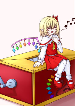 1girl absurdres ascot blonde_hair bow capelet closed_eyes commentary crystal crystal_wings eroelu facing_viewer fang flandre_scarlet frilled_skirt frills hair_bow highres long_hair mary_janes multicolored_wings music music_box musical_note one_side_up open_mouth pantyhose pointy_ears red_bow red_shoes red_skirt red_vest shirt shoes singing sitting skirt skirt_set solo touhou vest white_capelet white_pantyhose white_shirt wings yellow_ascot