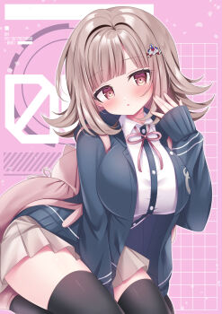 1girl between_legs black_thighhighs blue_jacket blush breasts brown_hair brown_skirt collared_shirt commentary_request danganronpa_(series) danganronpa_2:_goodbye_despair dress_shirt galaga grid_background hair_intakes hair_ornament hand_between_own_legs hand_up highres jacket large_breasts long_hair long_sleeves looking_at_viewer nanami_chiaki neck_ribbon open_clothes open_jacket parted_lips pink_background pink_ribbon pink_shoes pleated_skirt puffy_long_sleeves puffy_sleeves red_eyes ribbon school_uniform shirt shoes skirt sleeves_past_wrists solo thighhighs very_long_hair white_shirt yomogi_(becr)