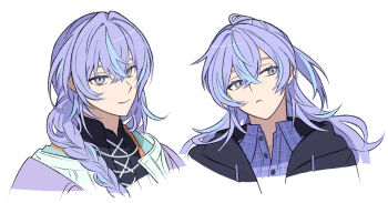 Rule 34 | 1boy, :<, alternate costume, alternate hairstyle, black hoodie, blue eyes, blue hair, blue jacket, braid, buttons, commentary, cropped torso, frown, highres, hood, hoodie, hoshirube sho, jacket, looking to the side, male focus, moku (kedr2558), multicolored hair, multiple views, nijisanji, plaid clothes, plaid shirt, ponytail, portrait, purple hair, purple shirt, shirt, smile, streaked hair, virtual youtuber, white shirt