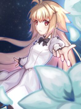1girl ahoge arcueid_brunestud black_bow blonde_hair blue_flower blush bow buttons dress eco-arc flower hair_between_eyes hair_intakes highres kore_(kore) light_smile long_hair looking_at_viewer petals reaching reaching_towards_viewer red_eyes sidelocks sky solo solo_focus star_(sky) starry_sky tsukihime tsukihime_(remake) wavy_hair white_dress