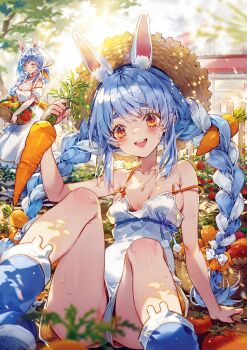 2girls :d alternate_costume animal_ears arm_support basket blue_boots blue_hair blurry blurry_foreground boots bow braid braided_ponytail breasts carrot carrot_hair_ornament cleavage_cutout closed_eyes clothing_cutout commentary day dress english_commentary extra_ears farm food-themed_hair_ornament hair_bow hair_ornament hair_over_shoulder hat hieihirai highres hikimayu holding holding_carrot hololive jewelry large_breasts long_hair looking_at_another looking_at_viewer mature_female mother_and_daughter multicolored_hair multiple_girls necklace off-shoulder_dress off_shoulder open_mouth orange_eyes outdoors overall_shorts overalls partially_visible_vulva pekomama puffy_short_sleeves puffy_sleeves rabbit-shaped_pupils rabbit_ears rabbit_girl romper short_eyebrows short_sleeves sidelocks sitting smile strap_slip straw_hat streaked_hair swept_bangs symbol-shaped_pupils teeth thick_eyebrows twin_braids two-tone_hair upper_teeth_only usada_pekora virtual_youtuber white_hair white_romper