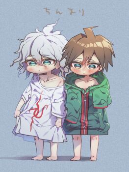 2boys aged_down ahoge barefoot blue_background blush brown_eyes brown_hair child collarbone danganronpa:_trigger_happy_havoc danganronpa_(series) danganronpa_2:_goodbye_despair green_hoodie grey_hair hair_between_eyes harumina_mau highres hood hood_down hoodie komaeda_nagito long_sleeves male_focus multiple_boys naegi_makoto oversized_clothes print_shirt shirt short_hair standing translation_request white_shirt