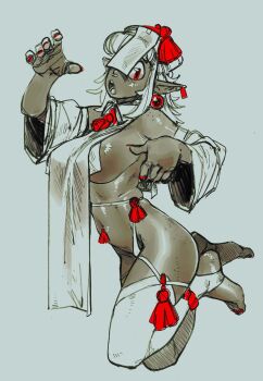 Rule 34 | 1girl, breasts, commentary, detached sleeves, elf, full body, highres, jiangshi, large breasts, leiana (tyto alba), looking at viewer, ofuda, ofuda on head, open mouth, original, pointy ears, red eyes, revealing clothes, sepia, sideboob, solo, spot color, tabard, thighhighs, toeless legwear, tyto alba, untranslatable commentary