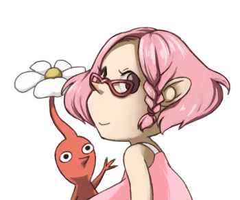 1girl alternate_costume bare_arms bare_shoulders black_eyes braid brittany_(pikmin) closed_mouth colored_skin commentary_request cowboy_shot dress eyelashes flower glasses hand_up looking_at_viewer naru_(wish_field) nintendo no_mouth pikmin_(creature) pikmin_(series) pink_dress pink_hair pointy_nose red-framed_eyewear red_pikmin red_skin short_hair simple_background single_braid sleeveless sleeveless_dress smile sundress triangular_eyewear white_background white_flower