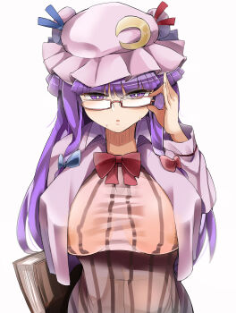1girl absurdres bespectacled book bow covered_erect_nipples crop_top cum cum_on_clothes diz_(diznaoto) dress glasses hair_bow hat highres holding holding_book looking_at_viewer patchouli_knowledge purple_dress purple_eyes purple_hair purple_hat red-framed_eyewear solo sweat touhou white_background