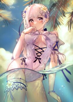 1girl bare_hips bare_shoulders blue_sky bracelet breasts cleavage cloud d4dj flower frilled_thigh_strap frills hair_flower hair_ornament highres izumo_saki jewelry large_breasts navel official_alternate_costume official_alternate_hairstyle one-piece_swimsuit palm_leaf partially_underwater_shot ponytail side_ponytail sky solo swimsuit thigh_strap uiro_tori underboob upper_body water white_hair white_one-piece_swimsuit yellow_eyes
