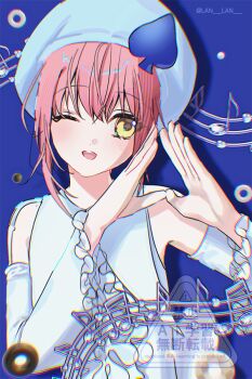 Rule 34 | 1girl, amulet spade, blue background, blue hat, blue shirt, chromatic aberration, commentary request, detached sleeves, frilled sleeves, frills, hat, hinamori amu, korean commentary, lan lan, magical girl, musical staff, one eye closed, pink hair, shadow, shirt, shugo chara!, sidelocks, smile, solo, spade (shape), twitter username, upper body