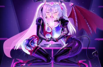 2girls after_kiss blue_archive blush breast_press breasts corruption dark_persona demon_girl demon_horns demon_tail demon_wings glowing glowing_eyes headgear high_heels highres holding_hands horns iro_ame_(amewaagada) kneeling large_breasts long_hair multiple_girls noa_(blue_archive) pink_eyes saliva saliva_trail tail tongue tongue_out transformation very_long_hair white_hair wings yuri yuuka_(blue_archive)