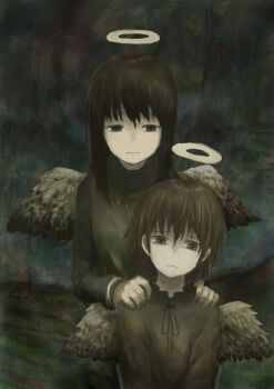 2girls angel_wings behind_another black_eyes black_hair black_ribbon black_shirt brown_eyes brown_hair closed_mouth dirty faux_traditional_media feathered_wings green_vest grey_shirt grey_sky grey_wings haibane_renmei halo hands_on_another&#039;s_shoulders highres jewelry long_hair long_sleeves looking_at_another looking_down multiple_girls neck_ribbon necklace outdoors rakka_(haibane_renmei) reki_(haibane_renmei) ribbon sad shirt short_hair sky takurada traditional_halo vest wings