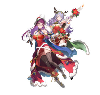 Rule 34 | 2girls, absurdres, animal ears, antlers, breasts, camilla (fire emblem), camilla (flurry embrace) (fire emblem), capelet, cleavage, commentary request, deer ears, dress, fake animal ears, fake antlers, fire emblem, fire emblem engage, fire emblem fates, fire emblem heroes, full body, fur-trimmed capelet, fur-trimmed dress, fur-trimmed headwear, fur trim, gloves, hair over one eye, hat, highres, horns, ivy (fire emblem), ivy (flurry embrace) (fire emblem), kakage, long hair, looking at viewer, mole, mole under mouth, multiple girls, nintendo, official alternate costume, official art, open mouth, purple eyes, purple hair, red dress, red hat, reindeer antlers, santa costume, santa dress, santa hat, smile, very long hair, wavy hair