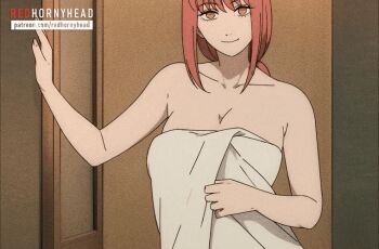 1girl animated animated_gif breasts chainsaw_man looking_at_viewer makima_(chainsaw_man) nipples nude red_hair redhornyhead seductive_smile sidelocks smile solo towel undressing