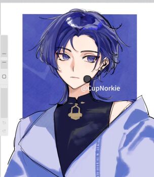 1boy alternate_costume art_program_in_frame bangs_pinned_back black_bodysuit blunt_ends bodysuit border bright_pupils closed_mouth cnorkie expressionless eyeliner eyeshadow genshin_impact headset idol jacket lapels makeup male_focus mandarin_collar portrait purple_background purple_eyes purple_hair purple_jacket red_eyeliner red_eyeshadow scaramouche_(genshin_impact) shoulder_peek solo tsurime twitter_username wanderer_(genshin_impact) white_border white_pupils