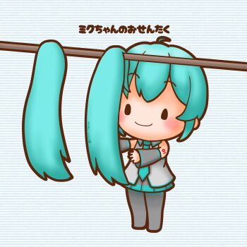 1girl absurdres aqua_hair aqua_necktie chibi chibi_only closed_mouth clothesline commentary_request detached_hair detached_sleeves full_body hatsune_miku highres necktie sh1n_chan shirt sleeveless sleeveless_shirt smile solo standing vocaloid