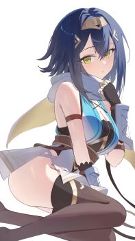 Rule 34 | 1girl, absurdres, amber (stella sora), black gloves, black thighhighs, blue hair, breasts, cleavage, commentary, dress, fingerless gloves, gloves, highres, large breasts, looking at viewer, short hair, sideless dress, simple background, solo, stella sora, thighhighs, thighs, tont27, white background, white dress, yellow eyes