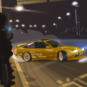 car cellphone commentary drifting dust english_commentary flip_phone glowing highres lamppost motor_vehicle night nissan nissan_180sx no_humans original phone pop-up_headlights shadow silhouette spoiler_(automobile) sports_car vee_(427deer) vehicle_focus yellow_car