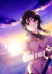 Rule 34 | 1girl, belt, black hair, china dress, chinese clothes, cloud, dawn, dress, fire emblem, fire emblem: genealogy of the holy war, gloves, gradient sky, hisame (yumemaboroshi), holding, holding sword, holding weapon, larcei (fire emblem), light frown, looking at viewer, morning, nintendo, outdoors, purple tunic, sheath, sheathed, sidelocks, sky, solo, sun, sunrise, sword, tunic, weapon