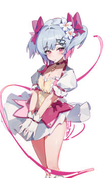 1girl bow breasts chongchongbao_mushi cleavage closed_mouth cosplay dress feet_out_of_frame gloves gradient_hair grey_hair hair_bow hair_ornament highres kaname_madoka kaname_madoka_(cosplay) kaname_madoka_(magical_girl) looking_at_viewer magical_girl mahou_shoujo_madoka_magica mahou_shoujo_madoka_magica_(anime) mahou_shoujo_no_majo_saiban multicolored_hair pink_dress pink_eyes puffy_short_sleeves puffy_sleeves sakuraba_ema short_dress short_hair short_sleeves short_twintails simple_background solo standing twintails white_background white_gloves x_hair_ornament