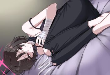 Rule 34 | 1girl, bandaged arm, bandaged neck, bandages, bare shoulders, barefoot, black camisole, black hair, black pants, blue archive, camisole, commentary, fetal position, gun, halo, handgun, highres, holding, holding gun, holding weapon, ivan wang, lying, misaki (blue archive), on side, pants, red eyes, red halo, revolver, ruger lcr, short hair, solo, strap slip, torn clothes, torn pants, weapon