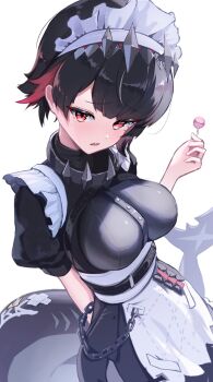 1girl aimo_wotku apron arm_behind_back black_dress black_hair blunt_bangs breasts candy chain colored_inner_hair commentary cowboy_shot dress ellen_joe fins fish_tail food frilled_apron frills frown furrowed_brow hairband hand_up highres holding holding_candy holding_food holding_lollipop large_breasts lollipop looking_at_viewer maid maid_apron maid_headdress metal_hairband mole mole_under_eye multicolored_hair open_mouth puffy_short_sleeves puffy_sleeves red_eyes red_hair scar scar_on_tail shark_girl shark_tail sharp_teeth short_hair short_sleeves simple_background solo spiked_headband tail teeth two-tone_hair white_apron white_background zenless_zone_zero