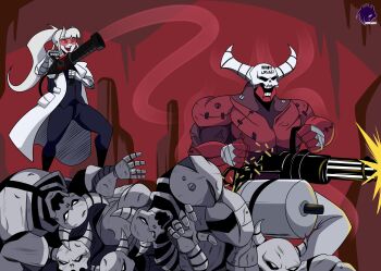 absurdres barcode barcode_tattoo bolt_(hardware) bullet coat colored_skin crossover demon_boy demon_girl demon_horns demon_tail exposed_muscle forehead_tattoo frank_araya gatling_gun gun hell helltaker highres hollow_eyes horns lab_coat loremaster_(helltaker) mechanical_arms medi_gun minigun open_clothes open_coat prosthesis red-tinted_eyewear red_goggles red_skin shell_casing skeleton_(helltaker) subject_67_(helltaker) tail tattoo team_fortress_2 tinted_eyewear weapon white_coat white_horns