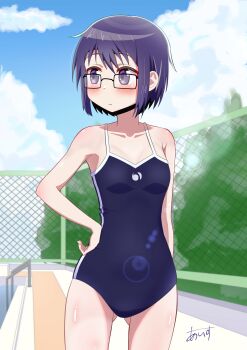 1girl absurdres averting_eyes blue_eyes blue_hair blush bob_cut commission competition_school_swimsuit cowboy_shot fence glasses gluteal_fold hand_on_own_hip hidamari_sketch highres ice_compass0610 lens_flare looking_to_the_side outdoors pixiv_commission poolside sae_(hidamari_sketch) school_swimsuit short_hair simple_background solo swimsuit