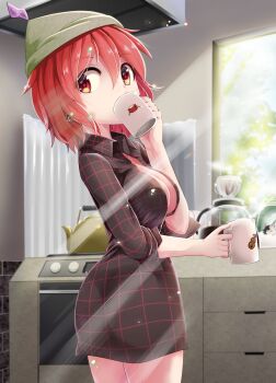 2girls alternate_headwear azuki_(azuki_shot) breasts cleavage coffee_maker coffee_mug coffee_pot collared_shirt cup drawer drinking dual_wielding green_headwear hair_between_eyes hair_ornament highres holding horikawa_raiko horns kettle kitchen large_breasts looking_at_viewer medium_breasts mug multicolored_hair multiple_girls plaid_clothes plaid_shirt red_eyes red_hair shirt short_hair slice_of_life standing stove sunlight touhou two-tone_hair unbuttoned unbuttoned_shirt ushizaki_urumi
