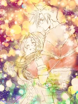 1boy 1girl aerith_gainsborough aerith_gainsborough_(fairy_of_snowfall) aqua_nails belt black_belt black_gloves black_scarf blurry blush bokeh christmas closed_eyes cloud_strife cloud_strife_(holiday_outfit) coat commentary_request couple depth_of_field dress final_fantasy final_fantasy_vii final_fantasy_vii:_ever_crisis fingerless_gloves fur-trimmed_coat fur_trim gloves hair_between_eyes hat hetero highres holding_another's_arm hug hug_from_behind long_hair looking_at_another nail_polish official_alternate_costume open_mouth parted_bangs pom_pom_hat_ornament red_belt red_coat sample_watermark scarf shared_clothes short_hair sidelocks smile snowflakes spiked_hair sweater sweater_dress tokiokiyu upper_body watermark white_coat white_gloves white_hat white_sweater