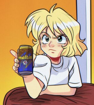 1girl alcohol beer beer_can blonde_hair blush bob_cut can closed_mouth commentary derivative_work dress_shirt drink drink_can elbow_rest eyelashes film_grain furrowed_brow gradient_background green_eyes gunsmith_cats holding holding_drink index_finger_raised indoors light_frown looking_afar looking_ahead minnie_may_hopkins nose nose_blush scene_reference screenshot_redraw shirt short_hair solo spanish_commentary t-shirt upper_body upturned_eyes waldo_(waldoarte) white_shirt
