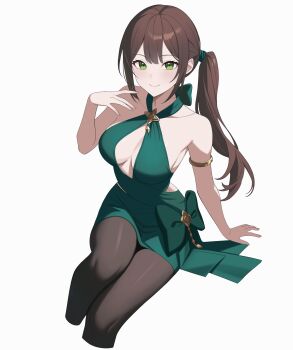 1girl absurdres armlet bare_arms bare_shoulders bow breasts brooch brown_hair brown_pantyhose cleavage closed_mouth collarbone commission criss-cross_halter cropped_legs dress green_bow green_dress green_eyes halterneck hand_up highres jewelry large_breasts long_hair looking_at_viewer original pantyhose side_ponytail sidelocks sleeveless sleeveless_dress smile solo ysoa26