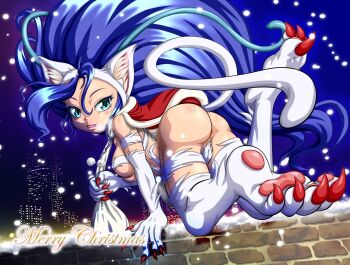 1girl animal_ears animal_hands ass blue_eyes blue_hair breasts brick_wall building cat_ears cat_tail christmas claws darkstalkers ebidaruma felicia_(darkstalkers) long_hair looking_back medium_breasts merry_christmas night night_sky sky snowing tail underboob very_long_hair white_fur