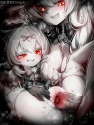 1boy 2girls alice_(genshin_impact) anus blur_censor breasts censored chinese_text folded genshin_impact gloves heart hetero highres incest invisible_man klee_(genshin_impact) kupa_(jesterwii) large_breasts loli long_hair looking_at_penis mother_and_daughter multiple_girls open_mouth penis pussy red_eyes sex short_hair spot_color teeth thighhighs translation_request upper_teeth_only vaginal