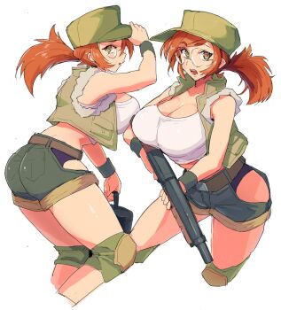 1girl ass bare_shoulders belt breasts brown_hair cleavage cropped_jacket fio_germi glasses gun hat highres large_breasts long_hair madsensei metal_slug shorts sleeveless weapon white_background